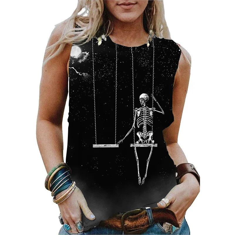 Summer Skull Moonlight 3D Print Tank Tops Women Fashion Streetwear Oversized O-Neck Vest Off Shoulder Sleeveless Woman Camisole