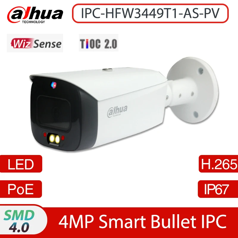 Dahua IPC-HFW3449T1-AS-PV 4MP H.265 Smart Dual Light Active Deterrence IR 30M Bullet WizSense Network Camera built-in Mic IP67