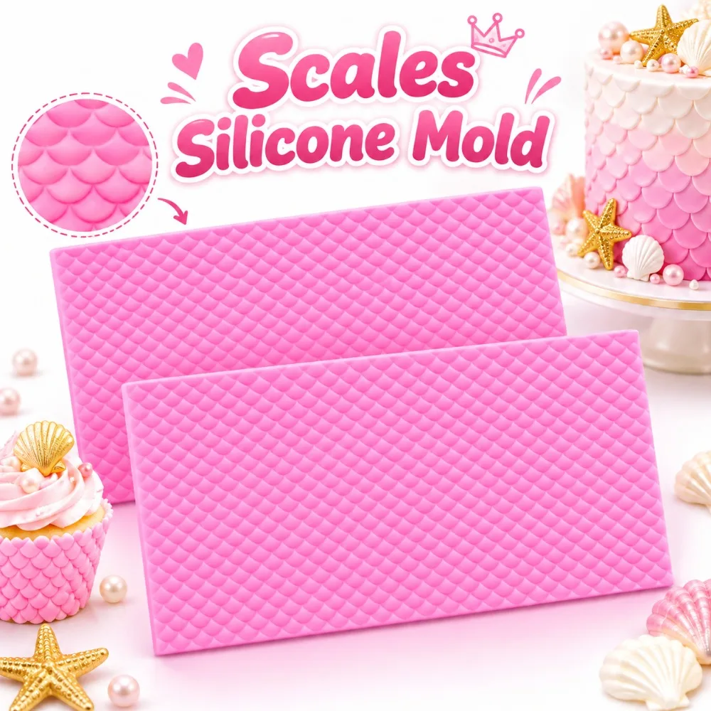 2PCS Silicone Mermaid Scales Silicone Mold Scalloped Lattice Food Grade Fondant Impression Mold Easy Release Fish Scales