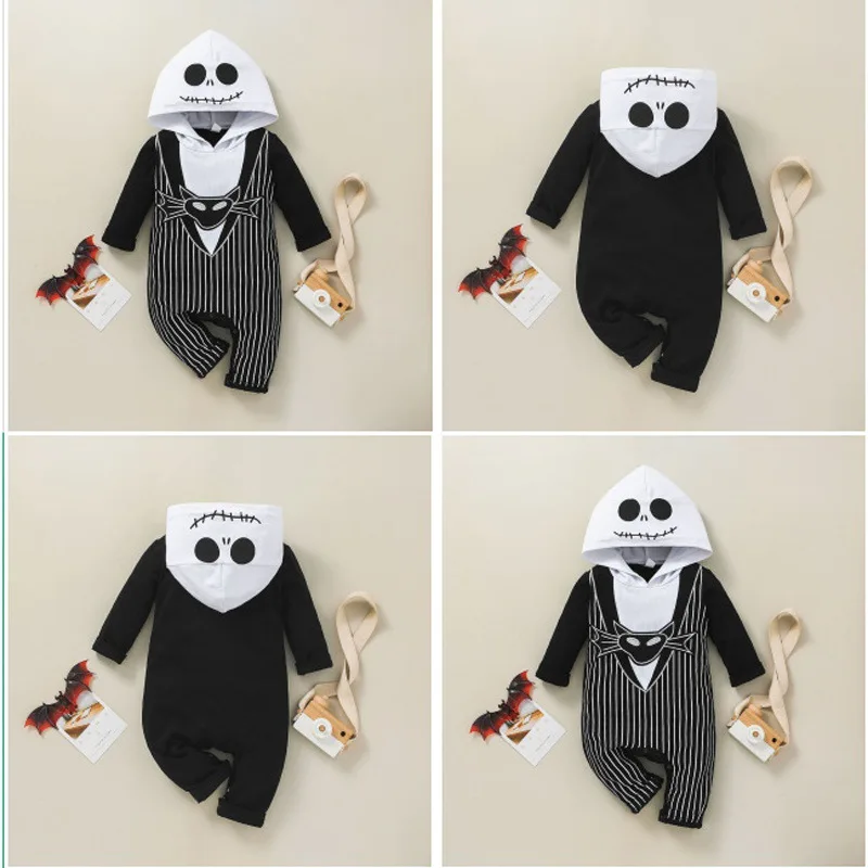 Schwarz-weiß gestreifter Skelett-Strampler mit Kapuze für Babys und Kleinkinder, für Halloween, Süßes oder Saures, Geburtstagsfeier, Cosplay-Kostüm – Detail 3
