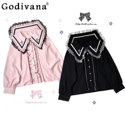 Mine Mass- Produced Sailor Collar Lace Long-sleeved Shirt Blouses Women Loose Elegant Fashion Pink Top Office Lady Y2k Clothes