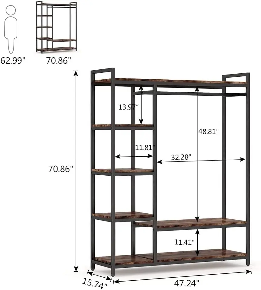 Heavy Duty Garment Rack, Portable Closet Wardrobe, 5-Tier Metal Shelving Clothing Rack, Freestanding Closet Organizer, Max Load