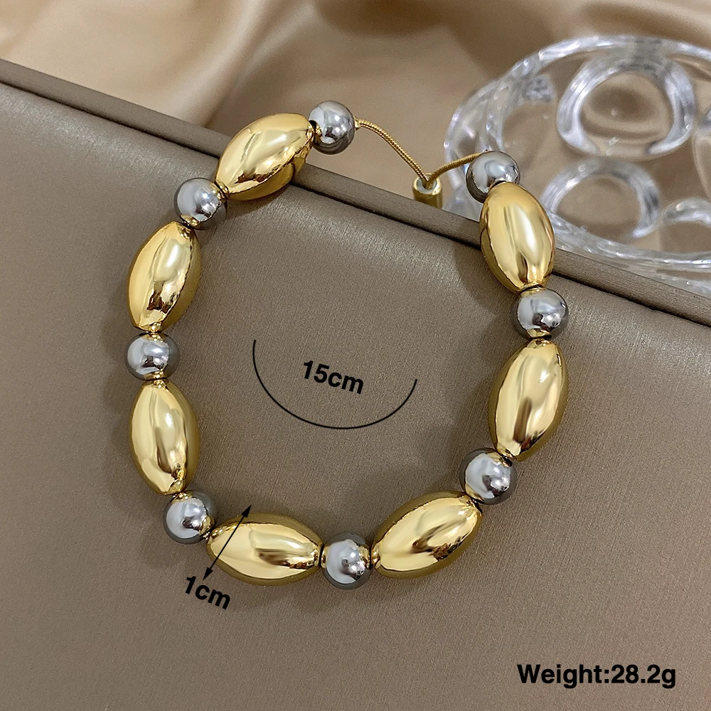 Glossy Two Tone Olive Ball Beads Stainless Steel Bracelets for Women Men Unisex Fashion Hip Hop Style Waterproof Jewelry Gifts