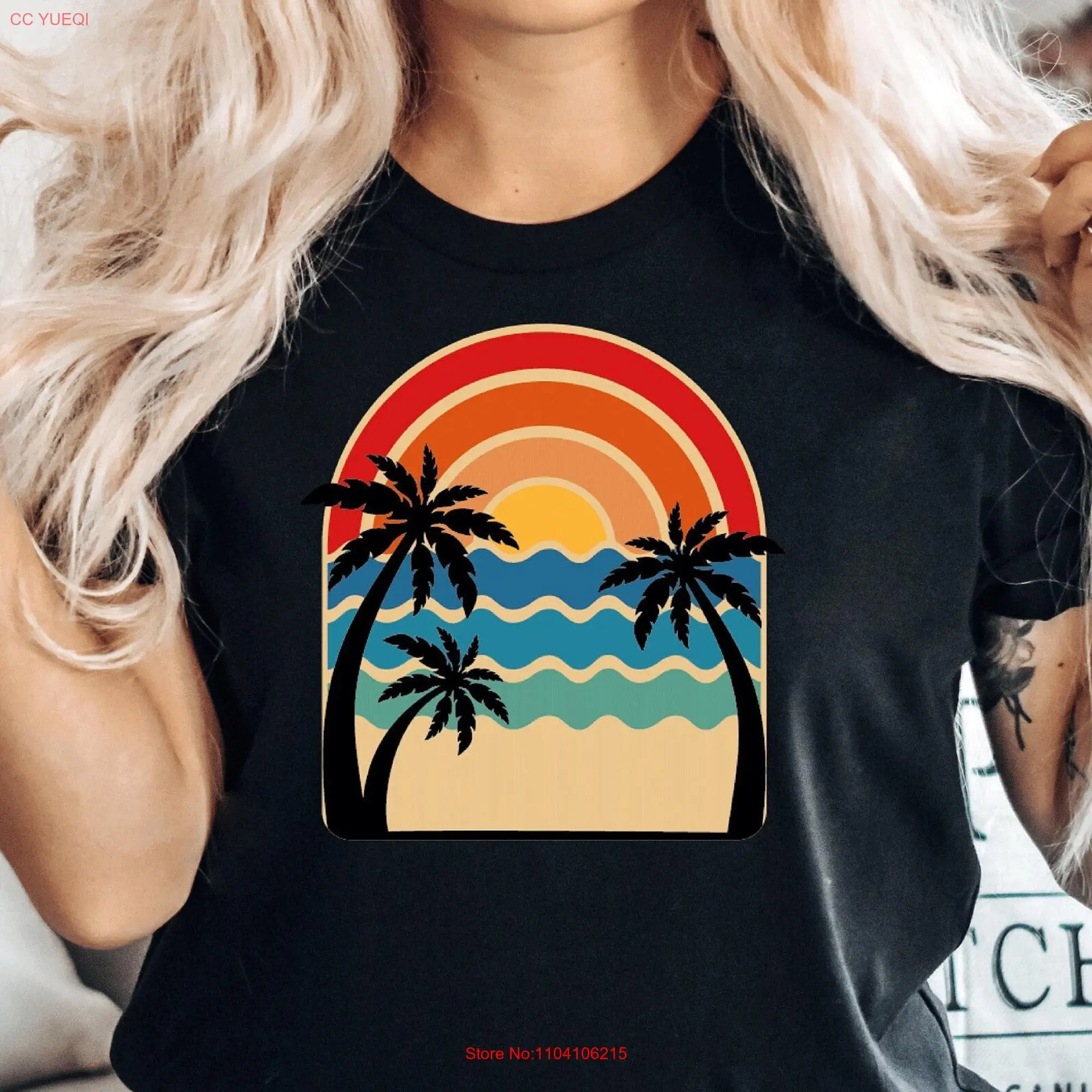 Sunset Summer T Shirt Tropical Vintage Palm Tree Colorful Glitch Nature Beach PCA498 long or short sleeves