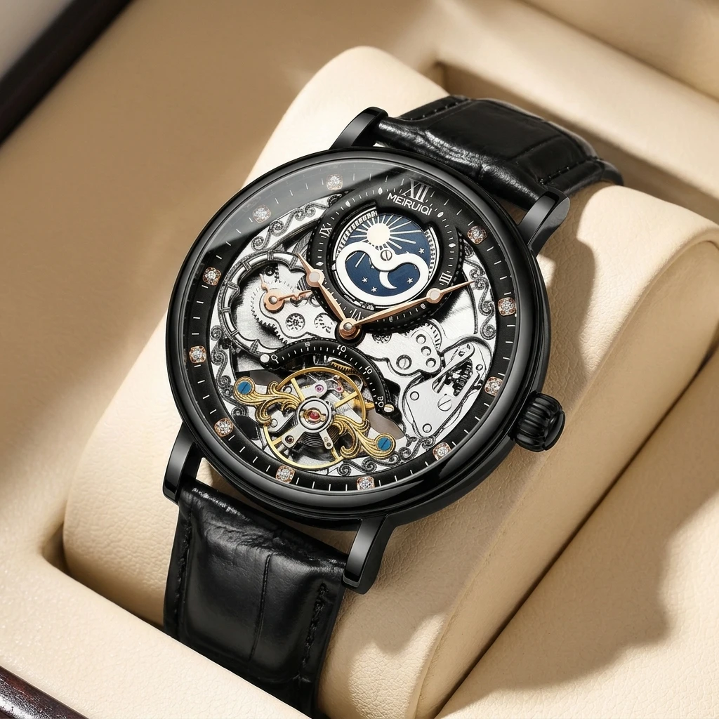 1 Stück modische hohle mechanische Uhr mit Mondphasenanzeige, Lederarmband, exquisites Design, Alltagsstil