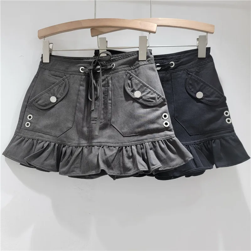 تنورة صغيرة بحاشية مكشكشة | تنورة قصيرة برباط على شكل حرف A عالية الخصر، طراز ريترو منفعل #2