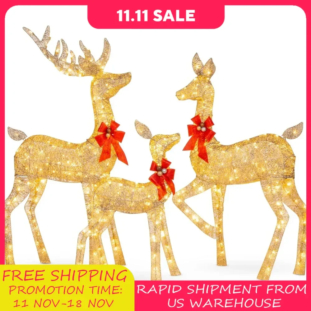 3-Piece Large Lighted Christmas Deer Family Set 5Ft Outdoor Yard Decoration with 360 LED Lights, Stakes, Zip Ties - Gold