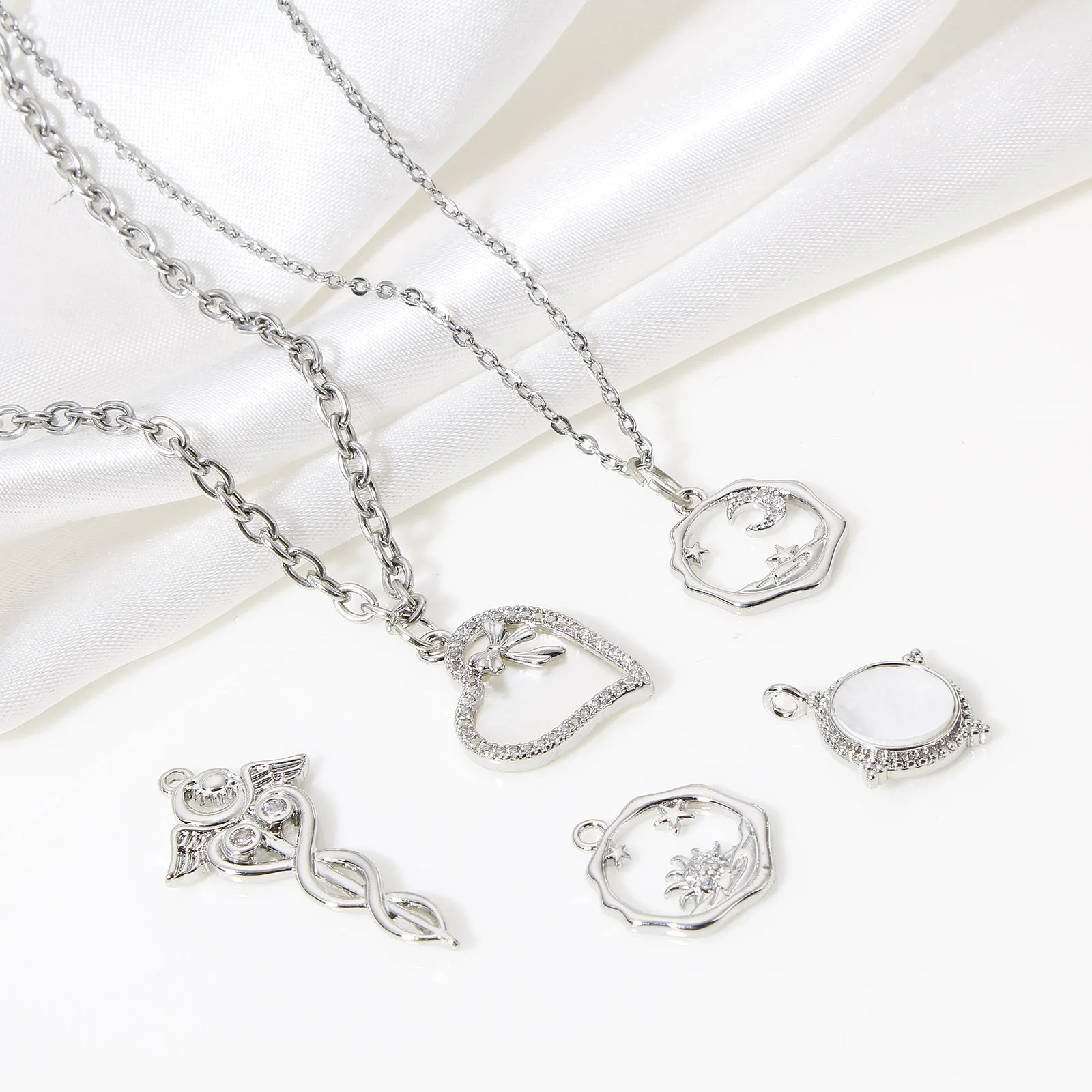1pc Copper Charms Silver Color Heart Moon Star Rhinestone Pendant DIY Necklace Earrings For Women Party Jewelry Findings