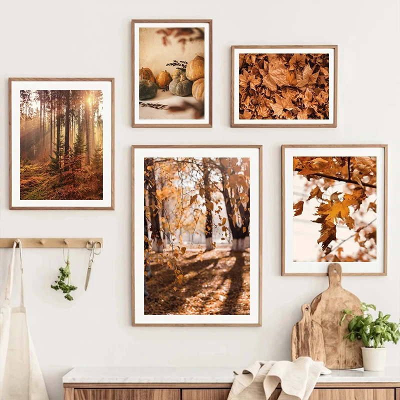 Wall Art Autumn Scenery Pumpkin Leaves Poster and Print for Modern Home Wall Decor Landscape Flower Picture Canvas Painting