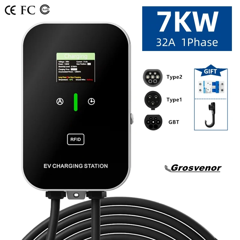 ใหม่ 7KW Type2 เครื่องชาร์จรถยนต์ไฟฟ้า 32A EV สถานีชาร์จ Type1 GBT EVSE Wallbox 1 เฟส EV เครื่องชาร์จหน้าจอการ์ด