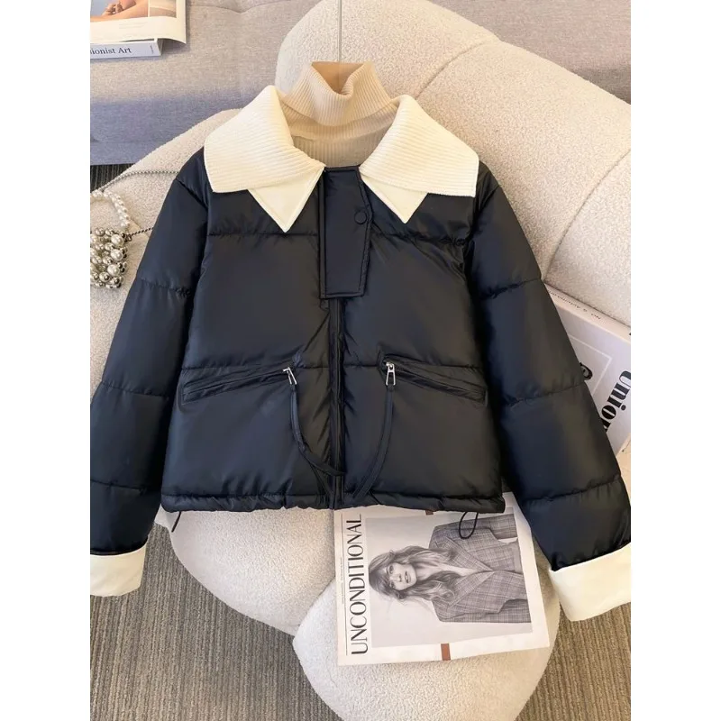 Women's New Style Knitted Turn-down Collar Short Style Down Jacket Winter Cotton Jacket Thickened Warm Cotton Coat Outerwear