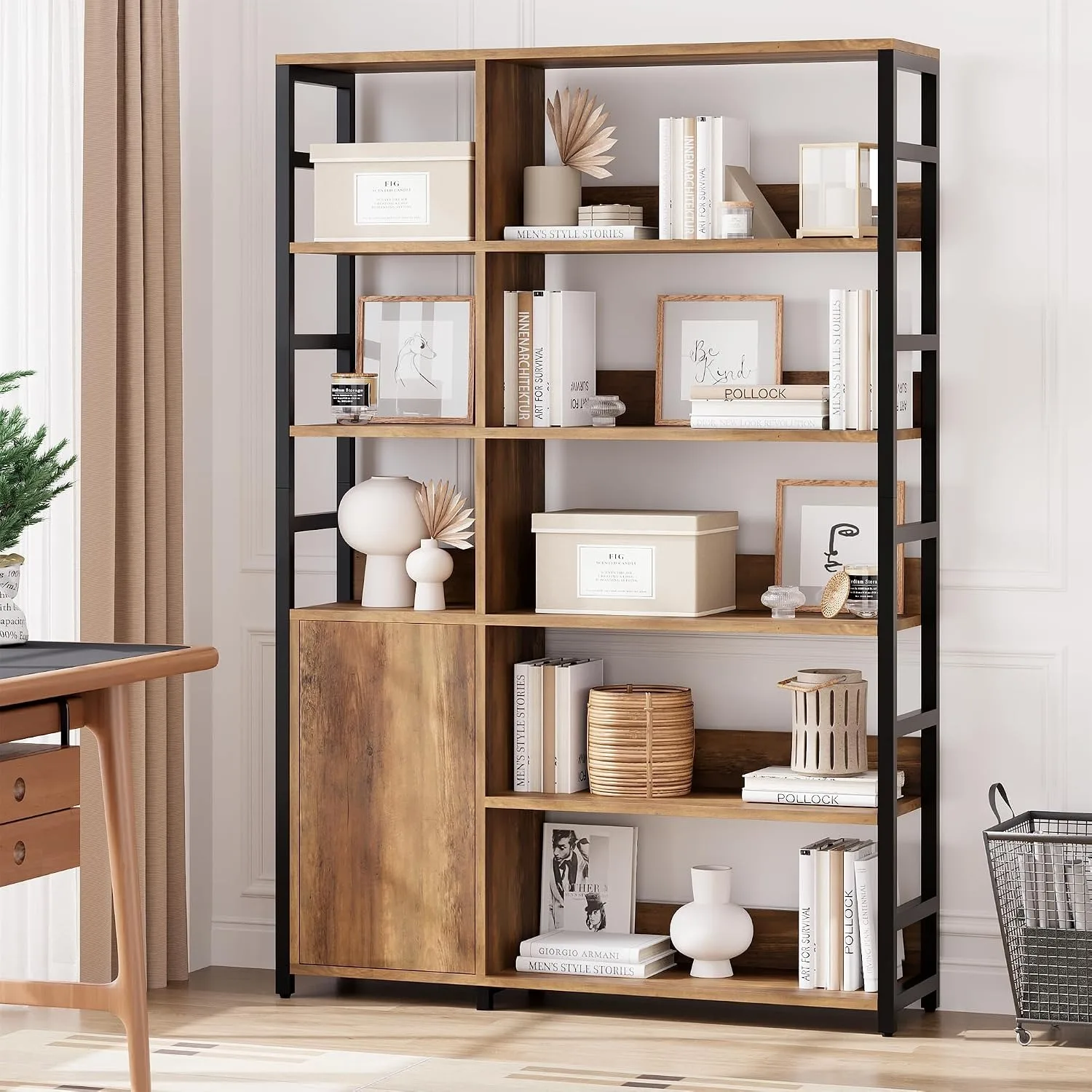 5 Tier Bookshelf with Doors and Adjustable Shelf, Brown
