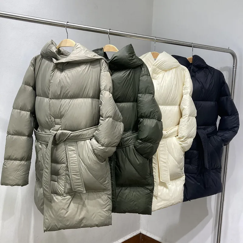 New Winter Fashion European Women Down Coat Hooded Belt Mid length White Duck Down Warm Women Coat Soft Women Down Coat