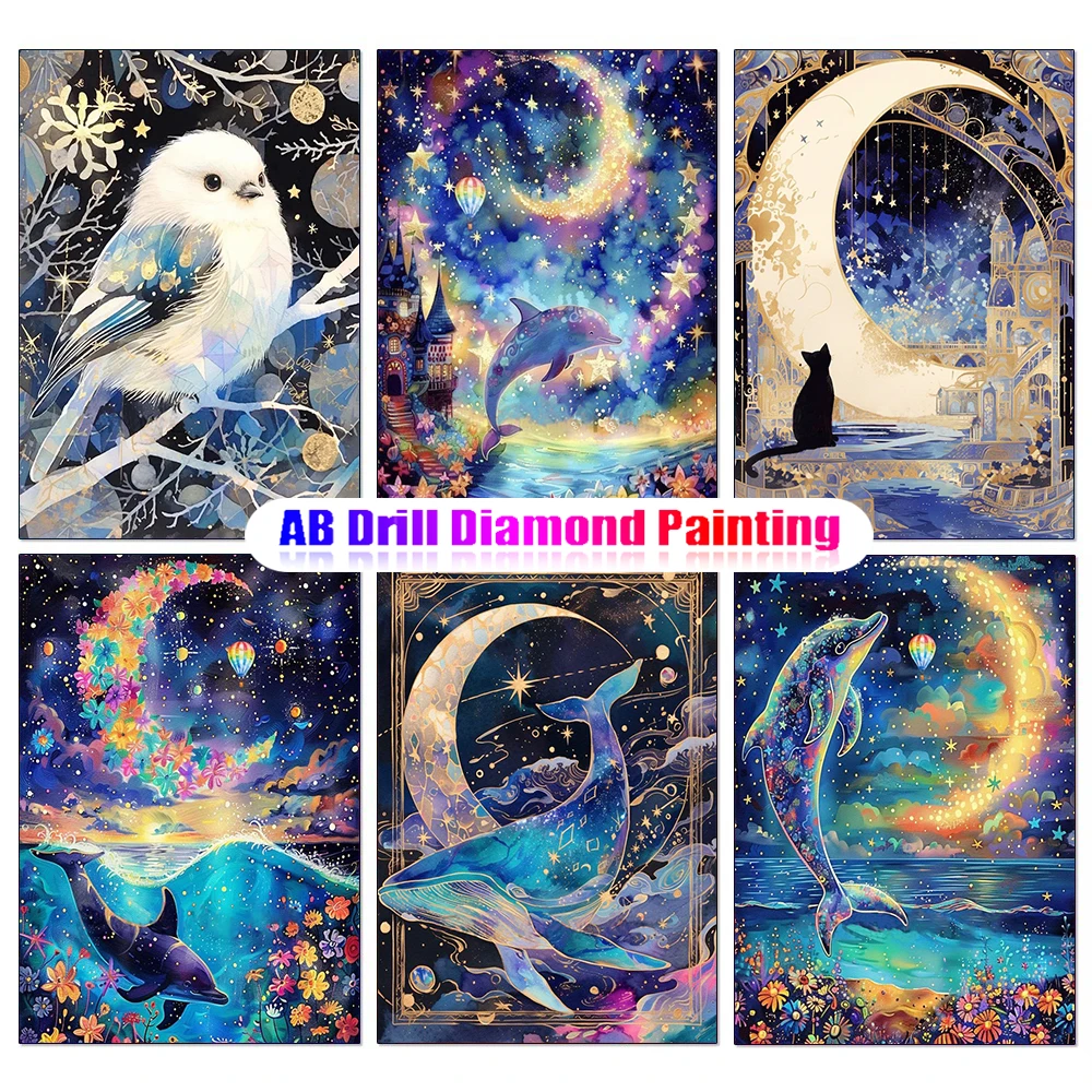 Whale Dolphin AB Diamond Painting Cat Cross Stitch Kit Diamond Embroidery DIY Mosaic Art Rhinestone Pictures Moon
