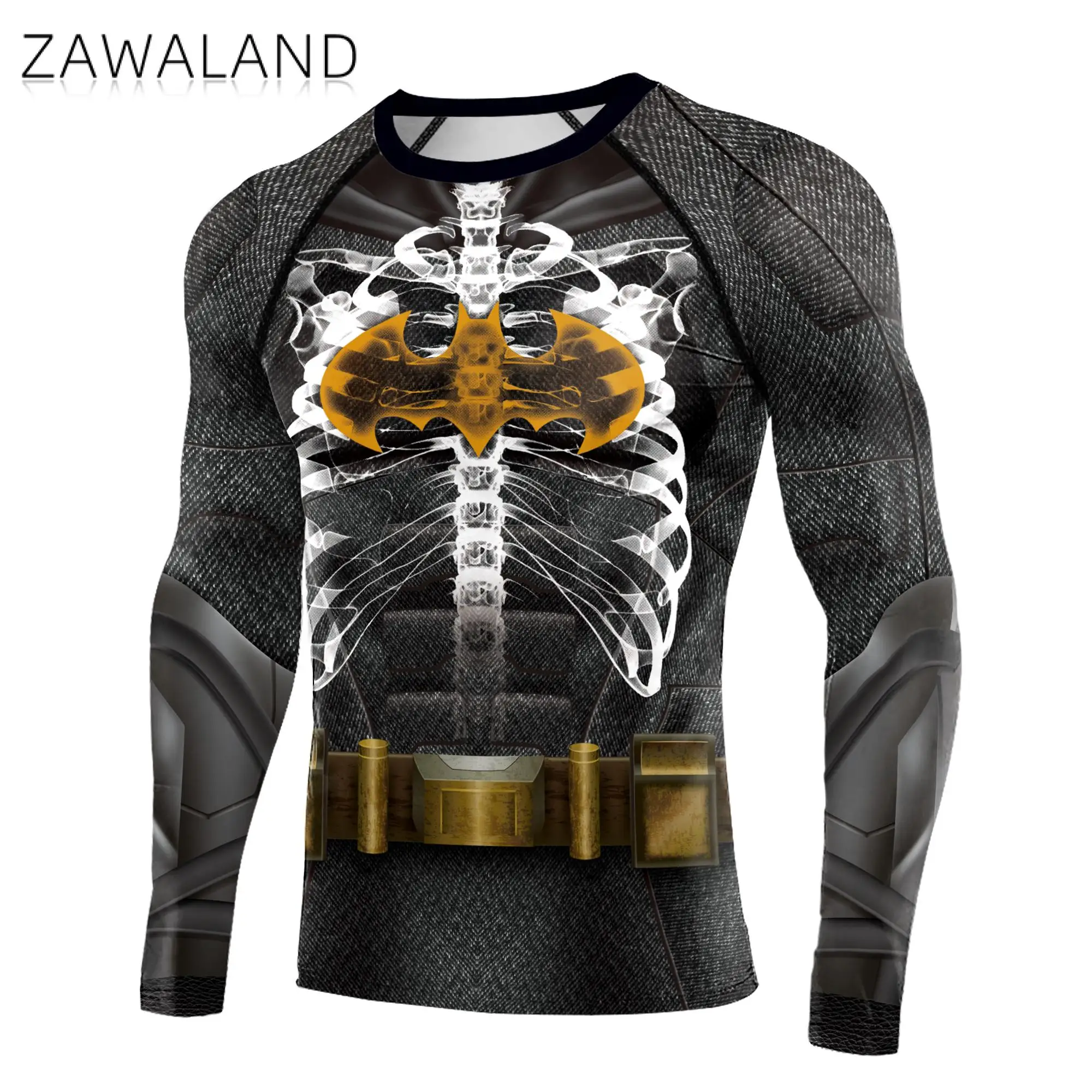 Zawaland T Shirt Man Long Sleeve 3D Printing Skull Skeleton Tee Halloween Cosplay Costume Adult Men Tracksuit Compression Tops