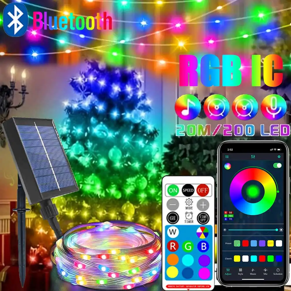 

20M RGBIC Fairy String Light Solar Bluetooth Waterproof Garland Christmas String Lamp Smart Dreamcolor for Christmas Party Home