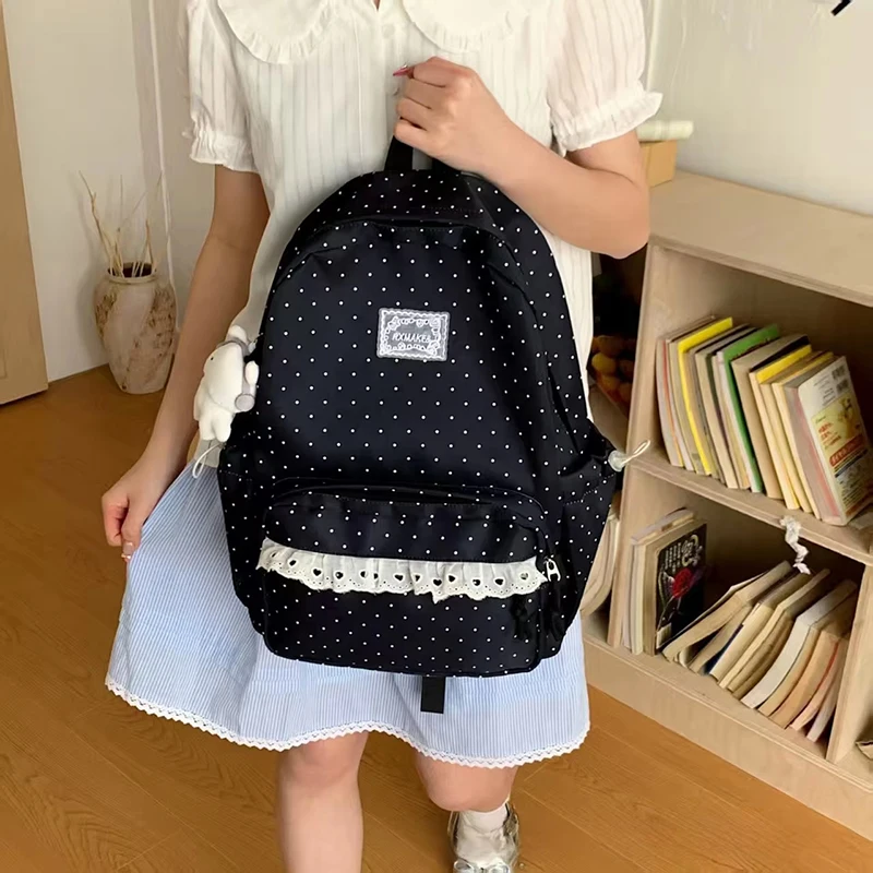 Modischer Rucksack, Damen-Schulrucksack mit Polka-Dot-Muster, süßer Spitzenbesatz, koreanischer leichter Schulrucksack mit großer Kapazität für Mädchen und Studenten – Detail 13