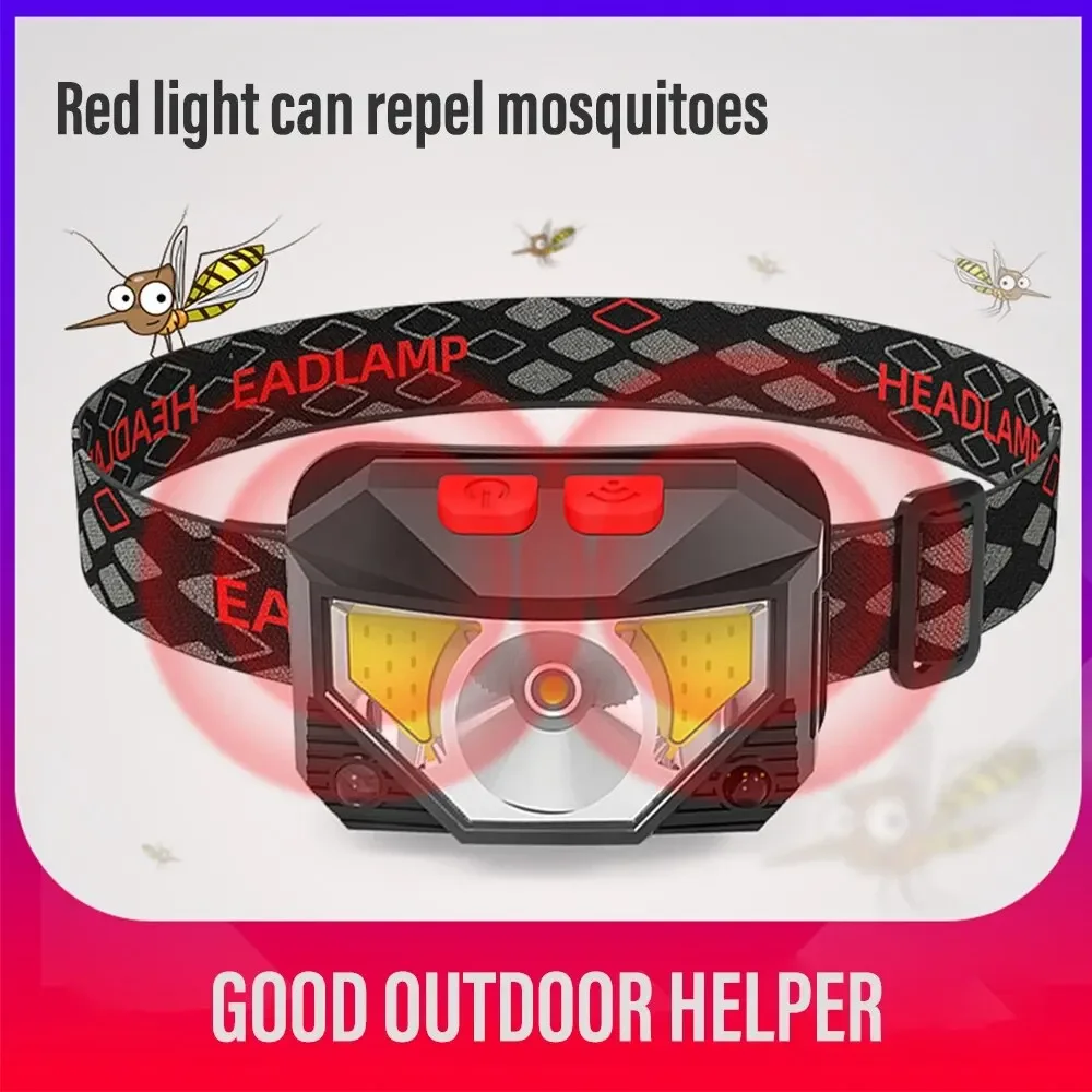 Linterna frontal COB+LED de 8 modos, faro con sensor de movimiento recargable por USB, linterna frontal para pesca y camping con luz blanca y roja para exteriores