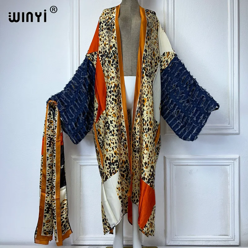 WINYI kimono Africa maxi dress beach wear cover-up elegant Cardigan beach outfits for women Fashion print Jeans design sexy coat