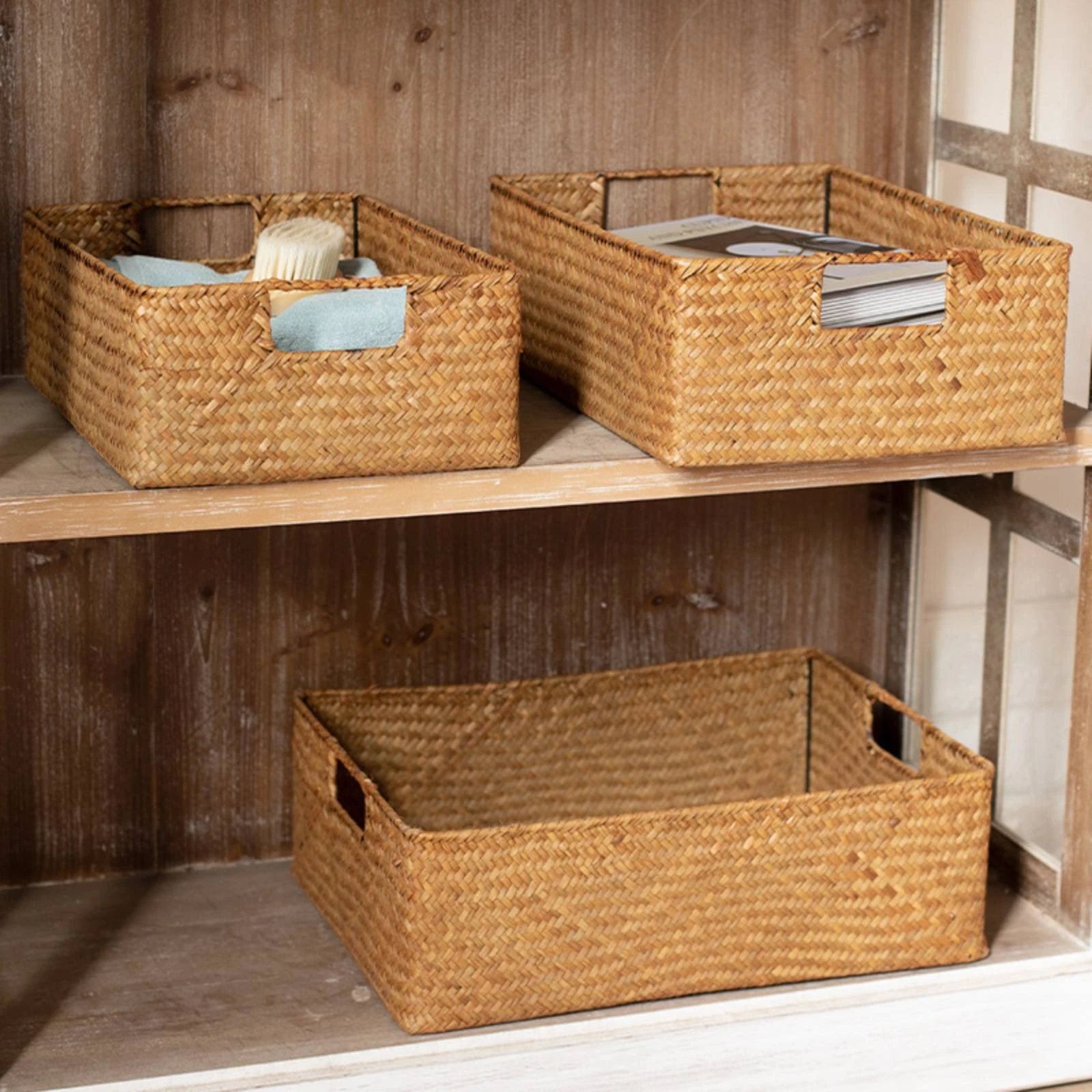 3 Pieces Seagrass Storage Basket Space-Saving Rectangular Woven Basket Household Organizer Decorative for Shelves