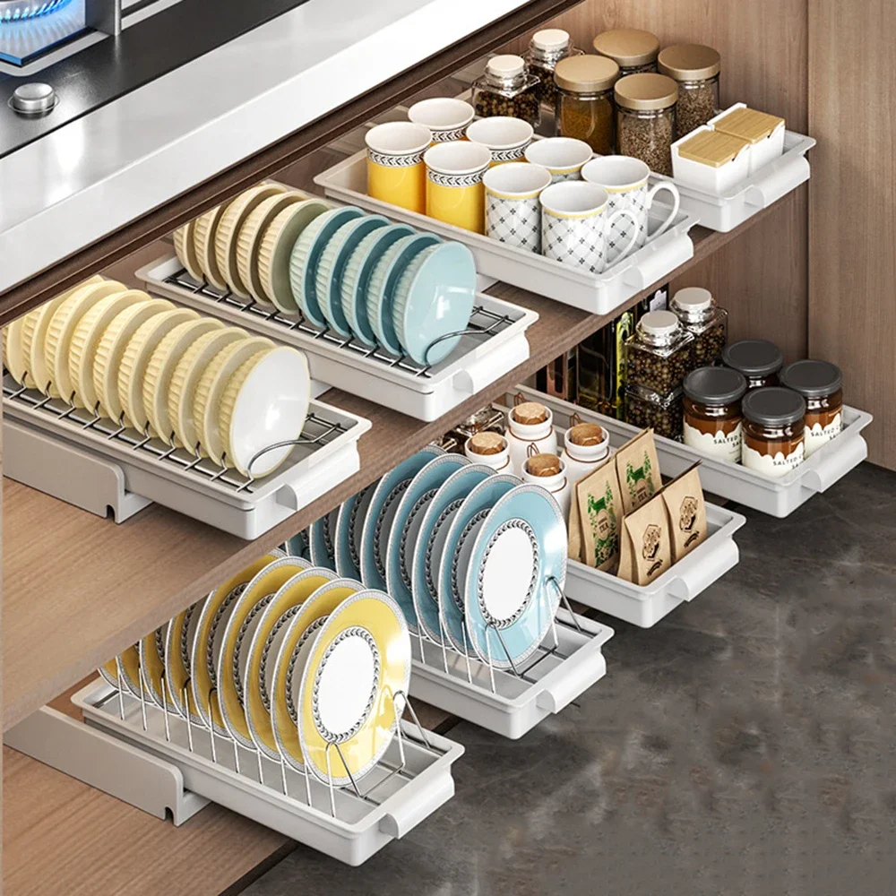 Pull Out Dish Rack Drawer Kitchen Sliding Dish Drainer Organizer Multi-Level Pull Out Storage Sink Cabinet