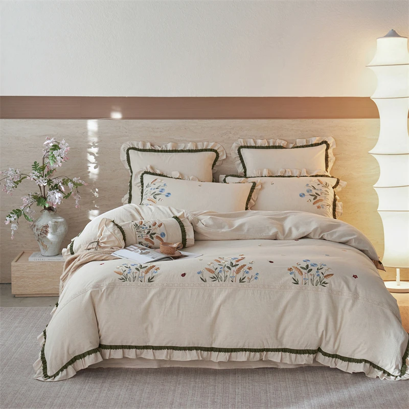 

Cotton Linen Blend 4Pcs Bedding Set Vintage Floral Embroidery Ruffles Duvet Cover Queen King Size Bed Linen for Home Bedroom