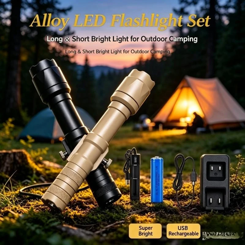 Alloy LED Torch Pack Long&Short, Ultra Bright Strobe SOS Lighting, USB Rechargeable, Outdoor Camping Emergency Lamp