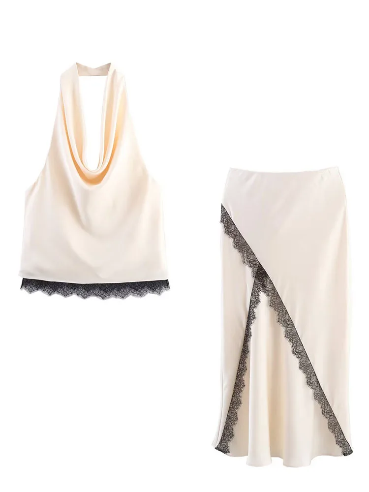Hh feminino renda emendada saia terno verão moda sexy sem costas pescoço halter colete superior + cintura média assimetria elegante saia longa