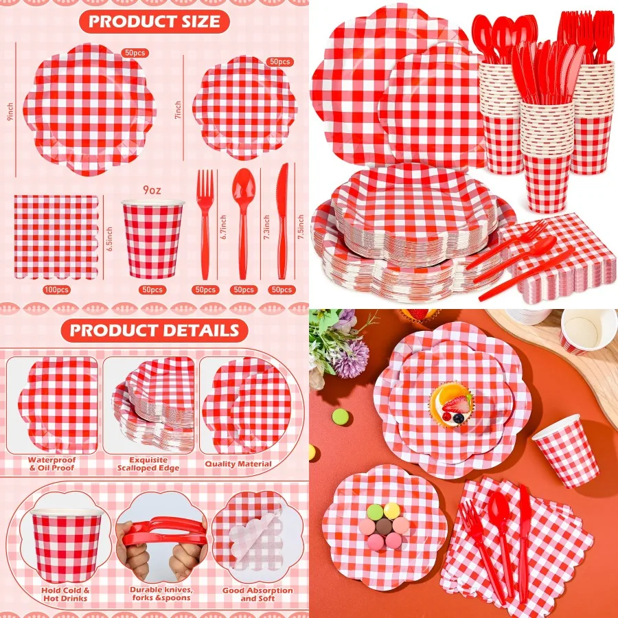 

400 Pcs Gingham Party Supplies for 50 Guests Red and White Scalloped Paper Plates and Napkins Knives Spoons Forks Cups Disposab