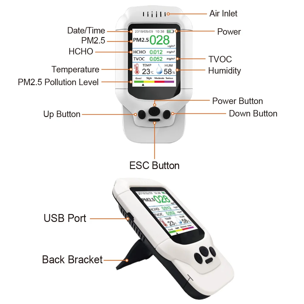 8 in 1 air Quality Detection Device Portable LCD Color Screen Detector PM2.5, PM1.0, PM10,humiture Accurate Gas Analyzer