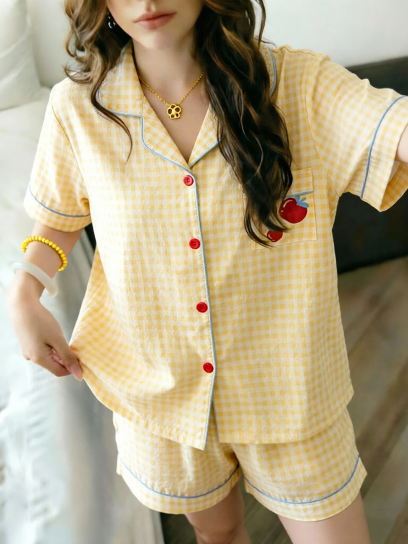 

Women's Short Sleeve Short Pants Sleepwear Sweet Retro Plaid Home Clothes Spring Summer New Style Comfortable Casual Two-Piece S