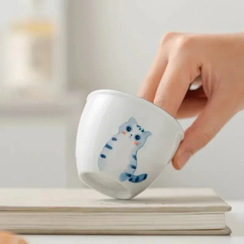 Hand-Painted Cat Small Teacup Kung Fu Tea Cup Porcelain Master Cup Single Tea Bowl Chinese Cup Mug