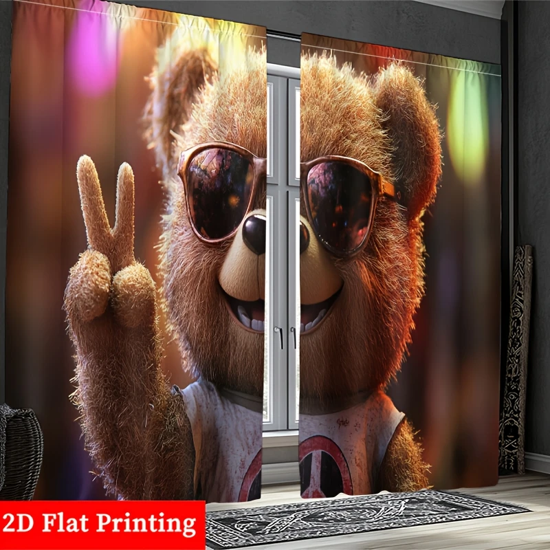 Cool Sunglasses Bear Curtain, Funny Peace Sign Animal Art Drape, Trendy Kids Room Bedroom Window Treatment for Boys Girls