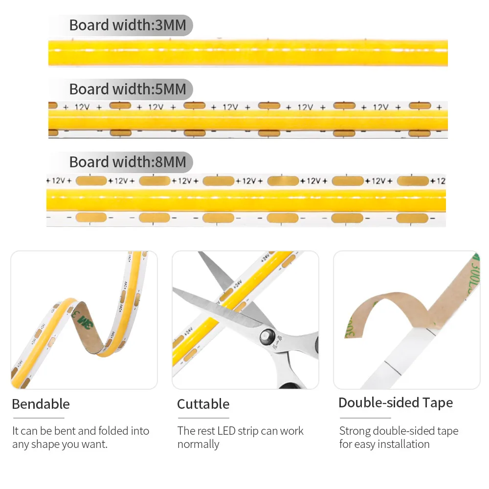 FOB COB LED Strip Ultra sottile 3mm 5mm 8mm larghezza 400LED/m Tape Light dimmerabile illuminazione lineare lampada RA90 ad alta densità DC12V/24V