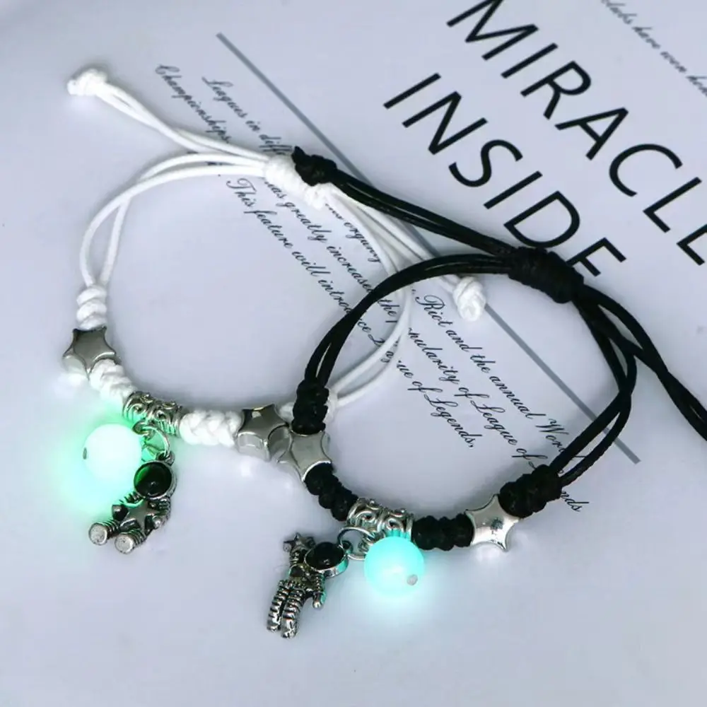 2Pcs Adjustable Luminous Beads Couple Bracelet Bracelet Jewelry Woven Rope Charms Bracelet Set Flower Key Lock