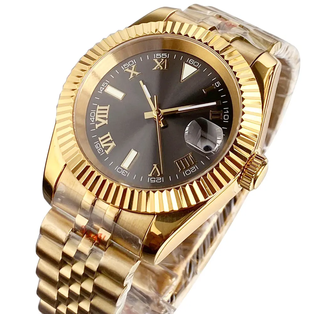 

Tandorio 39mm Full Golden Sapphire Crystal Glass Men Watch 200m Waterproof Gray Golden Dial Japan NH35 Fluted Dress Men Watches