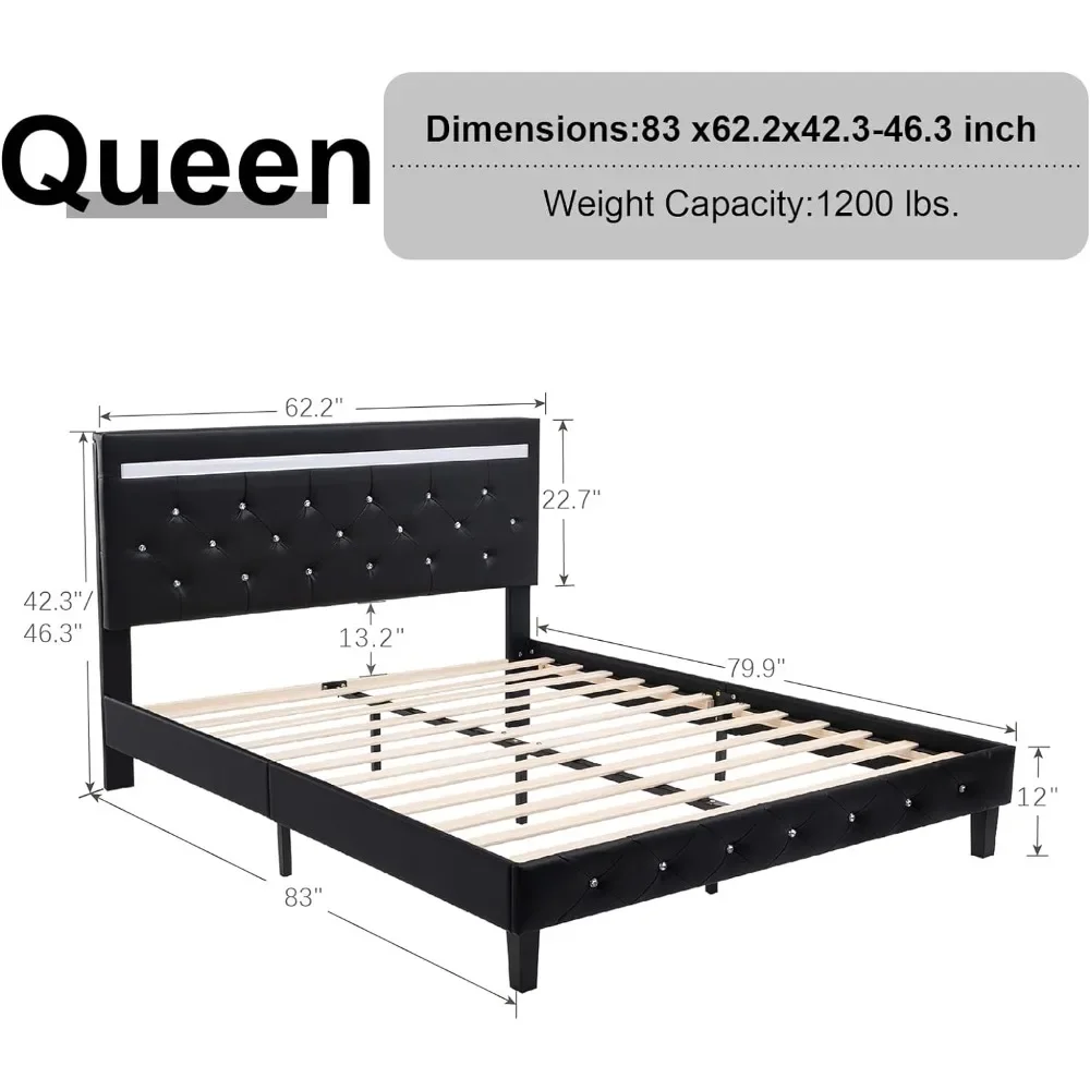 Bed Frame with LED Lights, Upholstered Platform Bed Frame, Adjustable Headboard with Charging Station, Wood Bed Bases & Frames