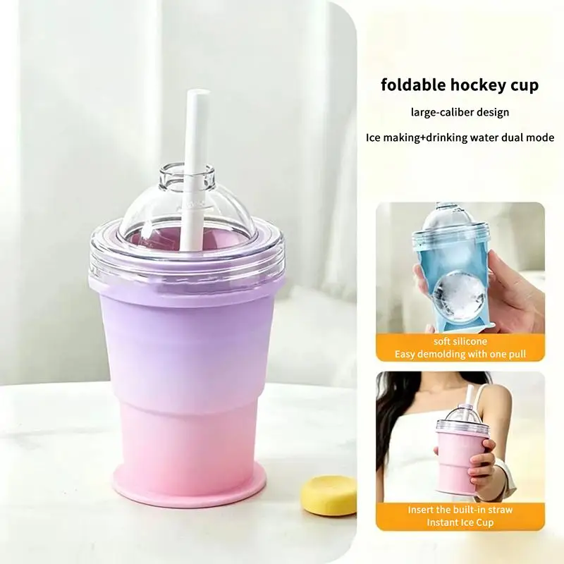 2-in-1 Collapsible Silicone Ice Ball Cup Reusable Portable Ice Sphere Mold With Straw Lid For Coffee Juice Drinks