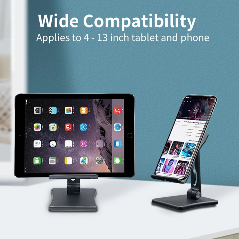 Fully Aluminum Dual Folding Cell Phone Stand, Adjustable Foldable Desktop Phone Holder for Desk Compatible with iPhone 17 16 15