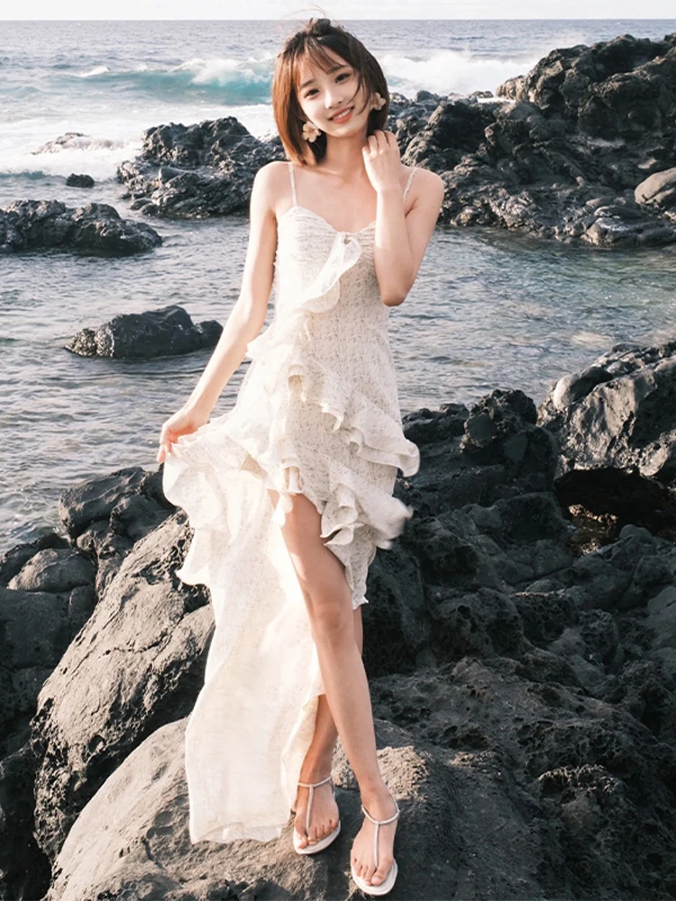 Summer Tea Break Floral Print Strapl Dr Beach Vaion Long Skirt Women's High Waist V-ne A-line Gown Irregular Hemline