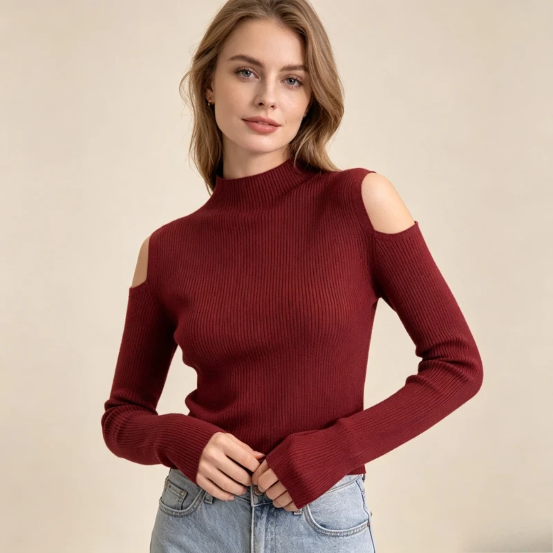 Off Shoulder Solid Color Sweater Versatile Slim Fit Long Sleeved Knitted Base Sweater Autumn Winter New Casual Women's Pullover