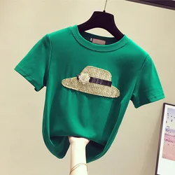 2023 Summer Women Cotton Tshirt Ladies Pattern Tee Shirts Comfortable Round Neck White Female Tops
