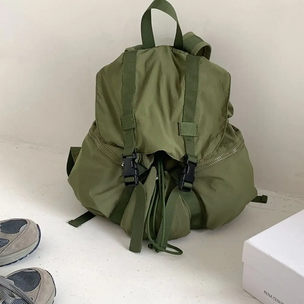 Ins Solid Color Drawsting Backpacks Light Weight Nylon Ruched Shoulder Bags Large Capacity Casual Student Schoolbag Travel