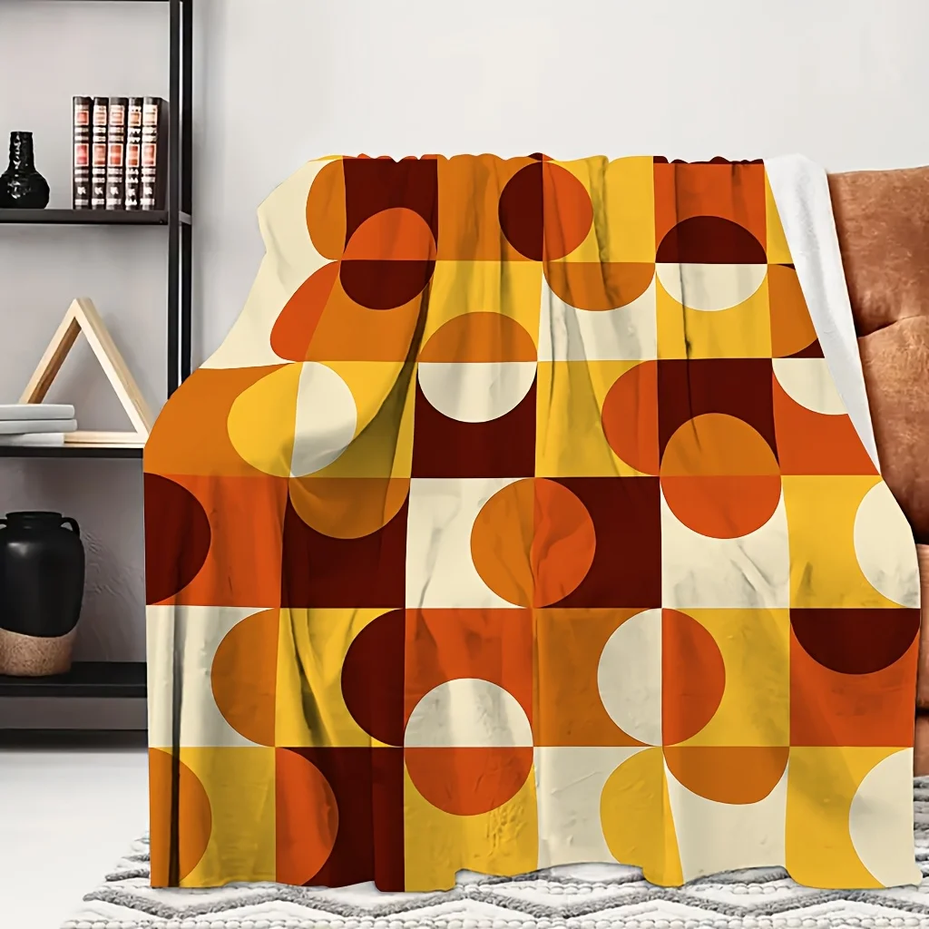 1pc Orange Brown Retro Geometric Square Print Flannel Blanket, All-season Usable and Soft, Suitable for Blankets, Kid Bed Covers