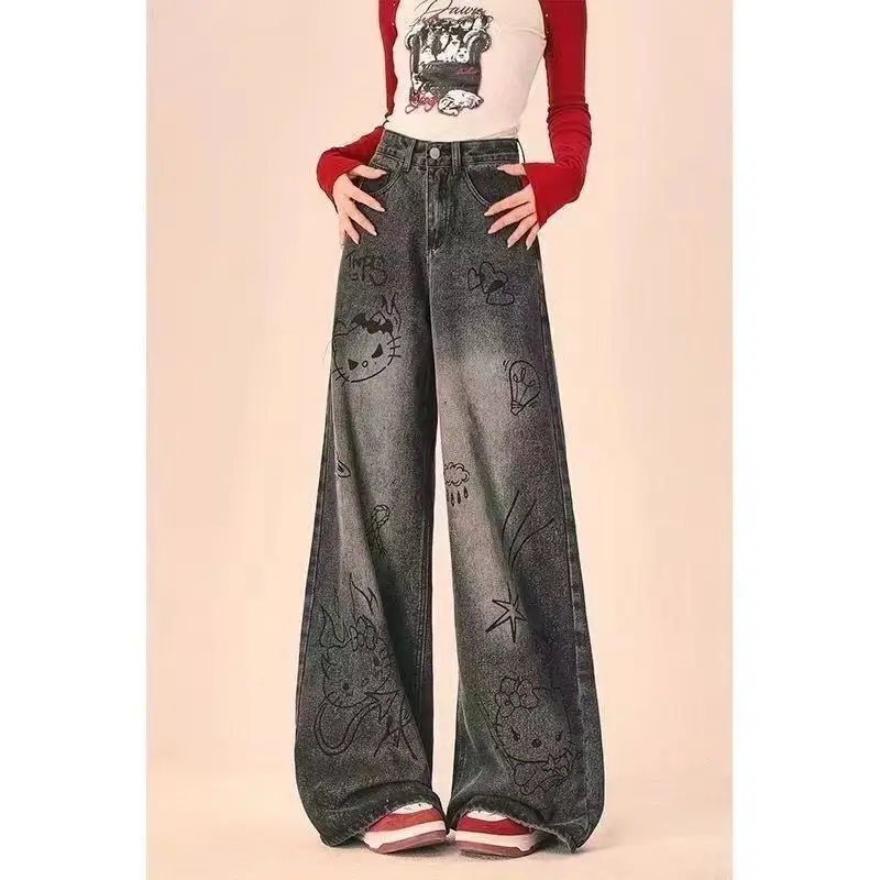 Sanrio Hello Kitty Cute Cartoon Graffiti Wide Leg Jeans Women New High Waist Loose Casual Floor Pants American Style Retro Pants