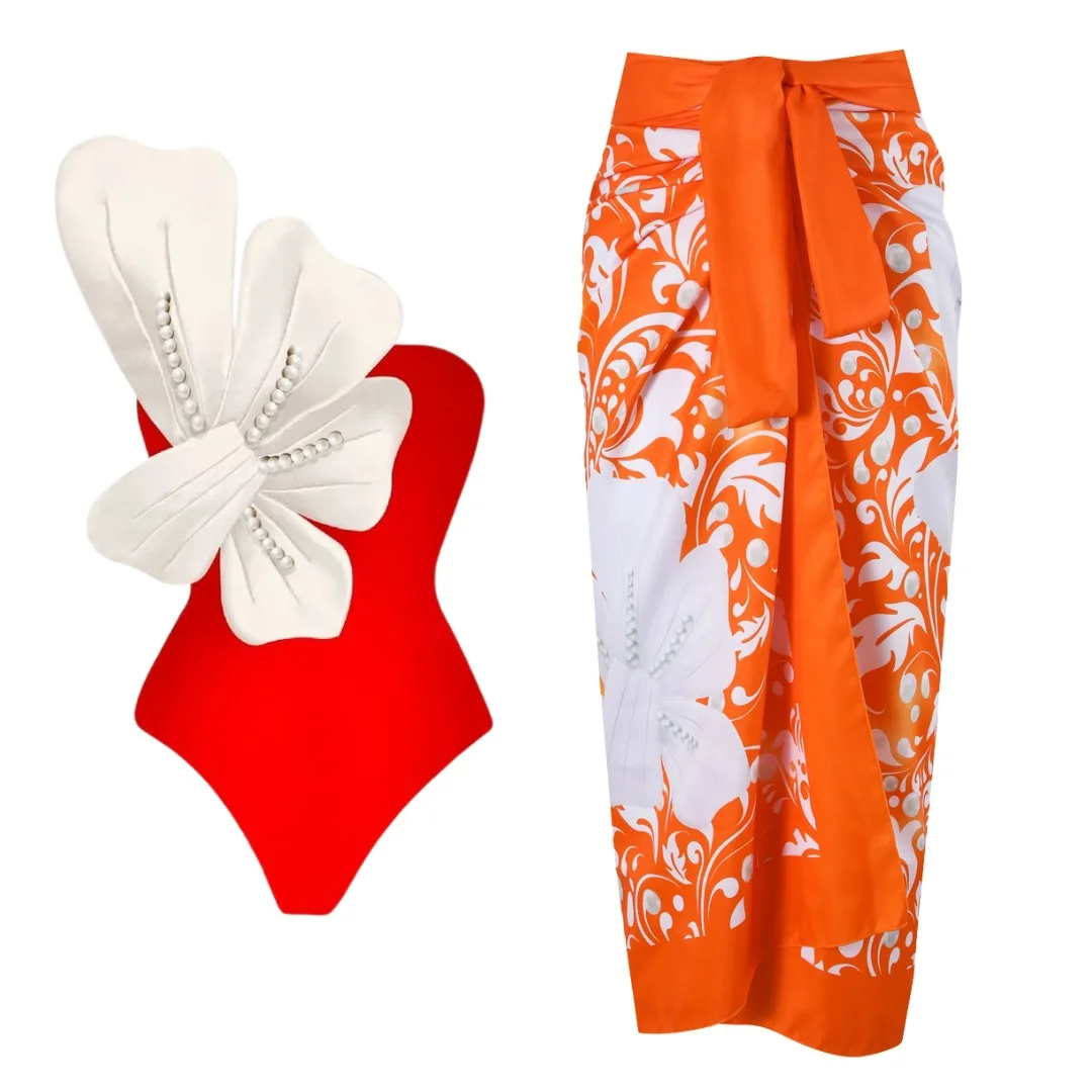 One-piece Women Swimwear Pearl Flower Decoration On One Shoulder Bodysuit Bikini Set Beach Vacation  Style Wear Maxi Dress Skirt