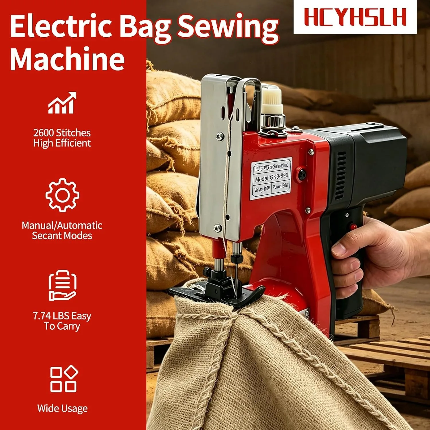 Leather Heavy Duty Sewing Machine Industrial Canvas Stitching Closer 110V ﻿ | 2,600 Stitch 10mm Max Thickness 190W 18000rpm w/2 Thread Spools 3 Blades, Red For Logistics Factory Sealing Sack Woven Bag view 4