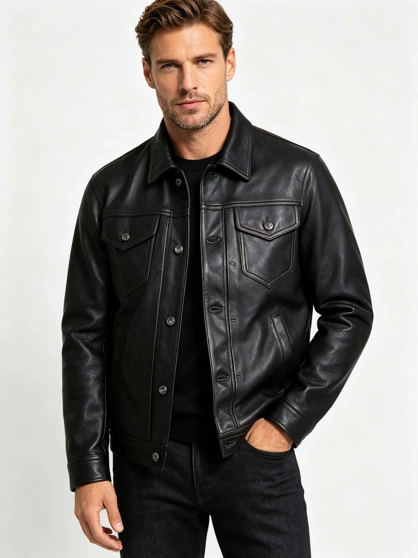 Black Autumn Leather Jacket Men Retro Style Plus Size 4XL Genuine Natural Sheepskin Turn-Down Collar Single Breasted Casual Coat