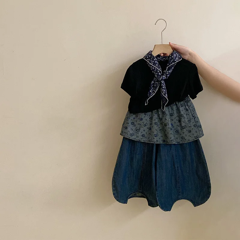 Girls Korean Simple Versatile Short Sleeve T Shirt 2026 Summer Girl Trendy Designer Bum Cover Jeans Two Piece Set