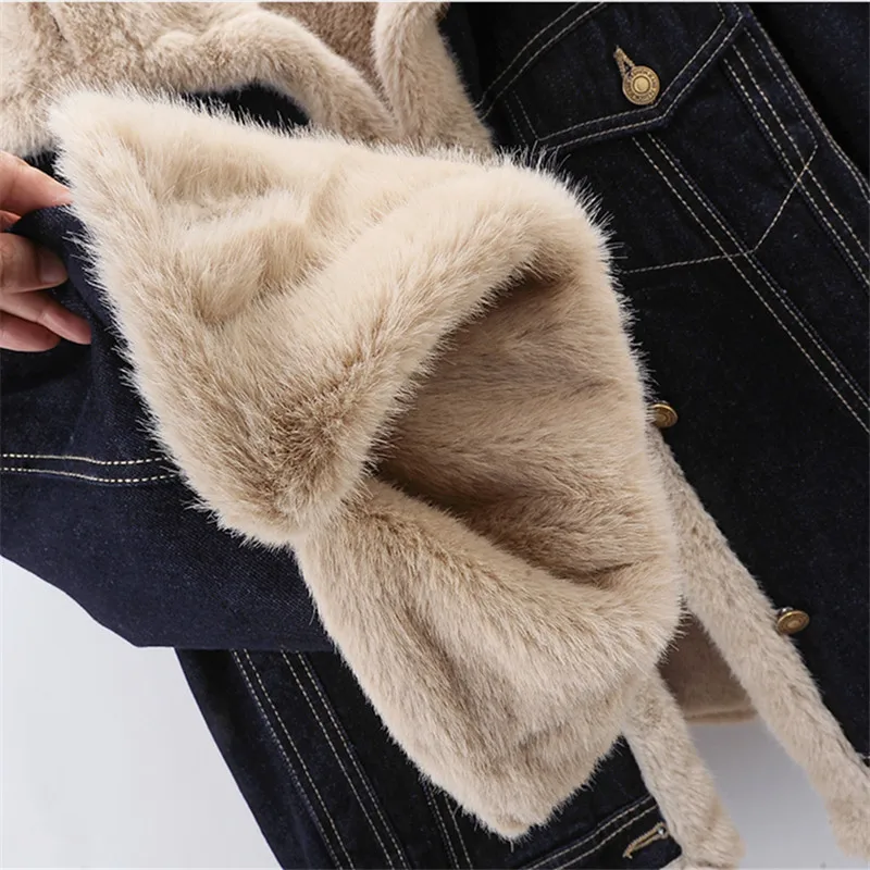 

Autumn Winter New Korean Thick Warm Faux Lambswool Fur Liner Denim Jacket Women Lapel Long Sleeve Loose Short Cowboy Outerwear